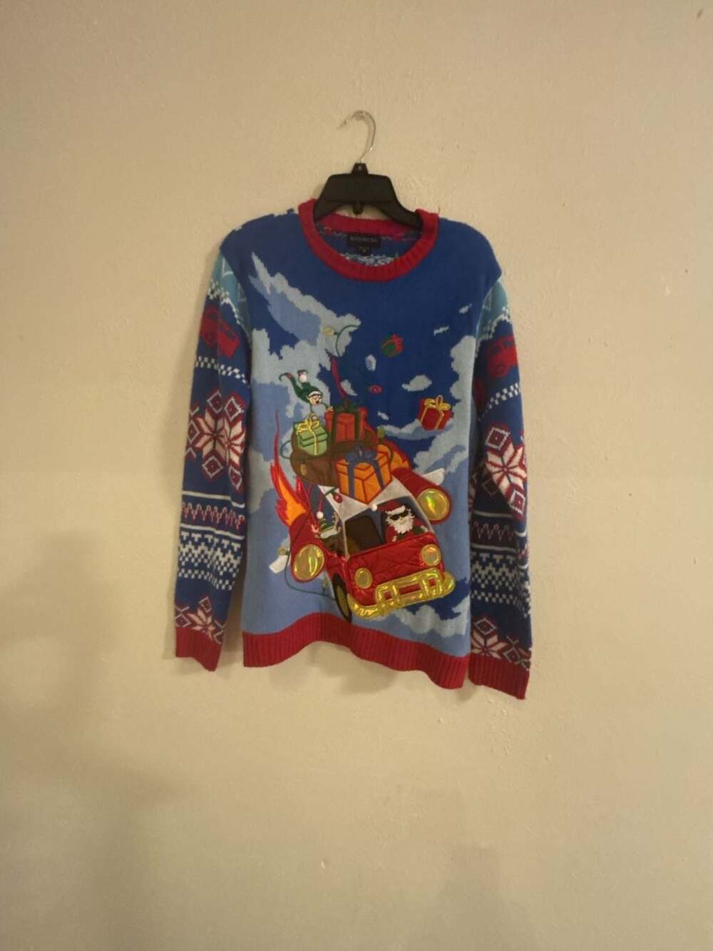 Blizzard Bay Santa Driving Car Ugly Christmas Sweater Blue Men's Size M